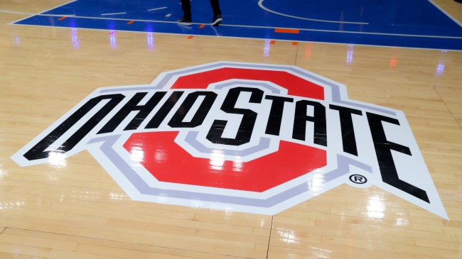 An Ohio State logo on the basketball court.