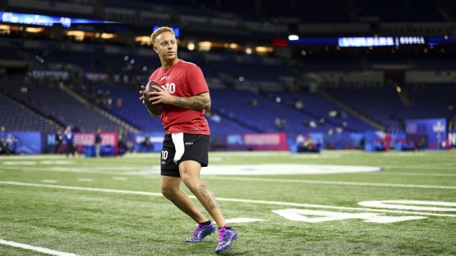Spencer Rattler goes through drills at the NFL Combine.
