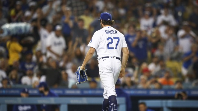 Dodgers pitcher Trevor Bauer walks off the mound.