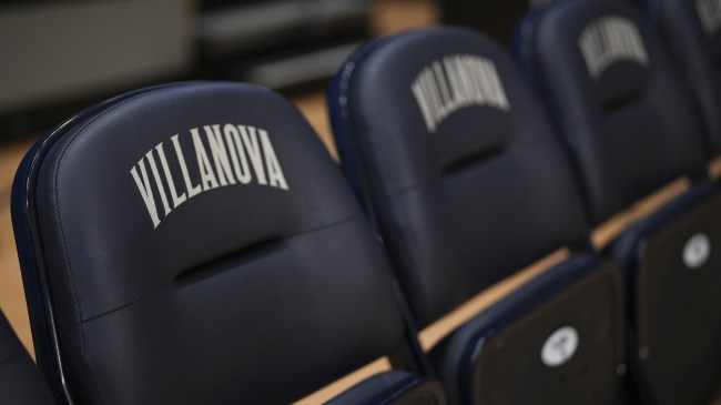 A Villanova logo on empty seats at Finneran Pavilion.