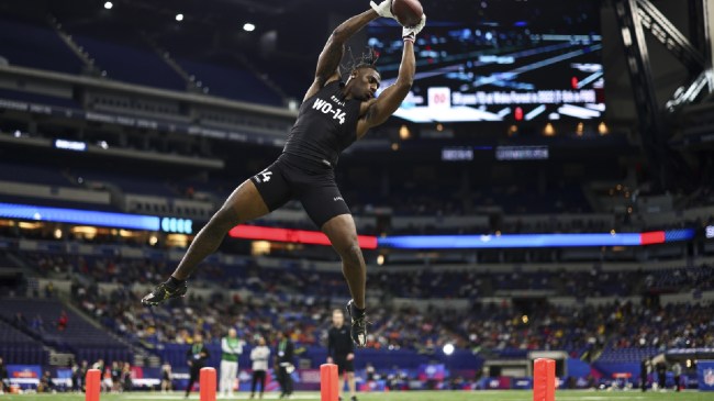 Xavier Legette makes a leaping catch at the NFL Combine.