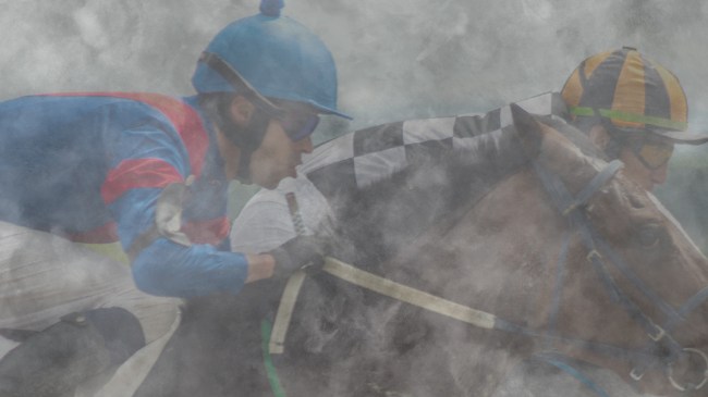 horse jockeys in fog