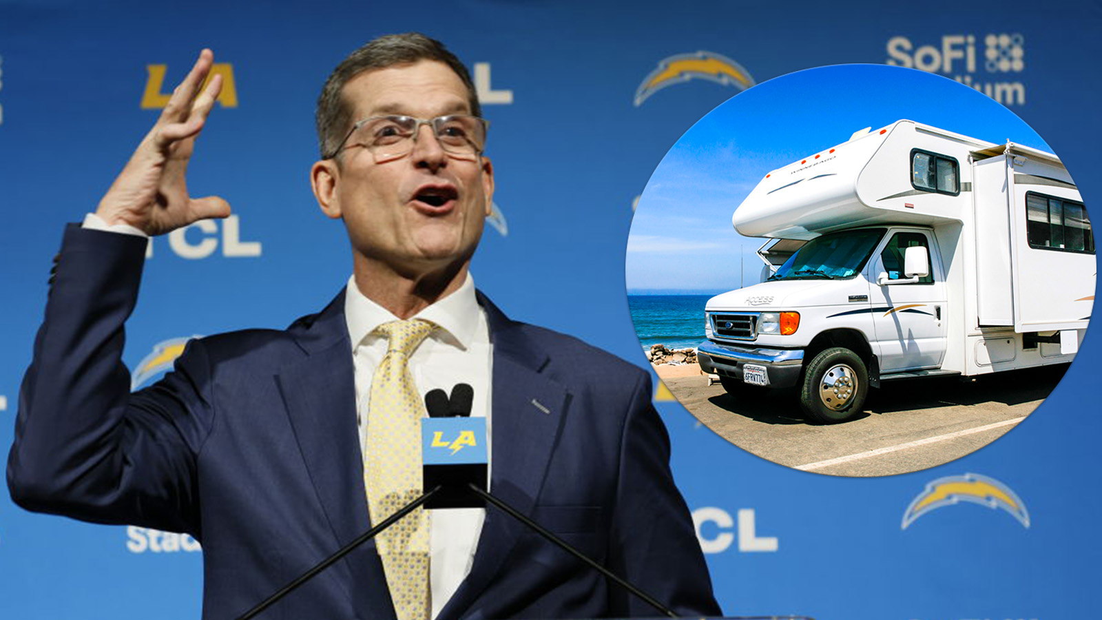 Jim Harbaugh Lives In RV Next To Chargers Offensive Coordinator