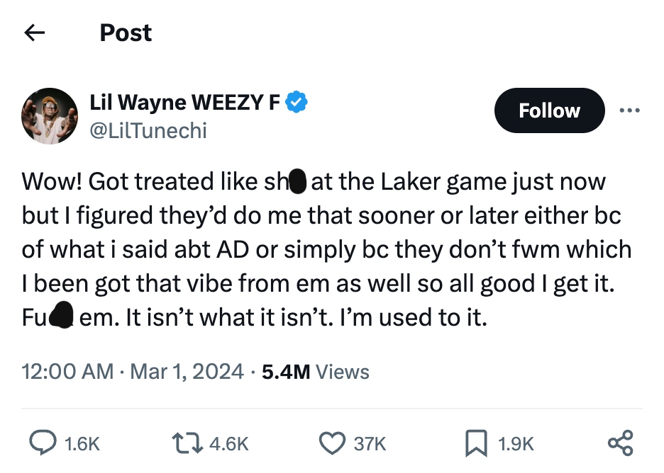 Lil Wayne message about the Lakers