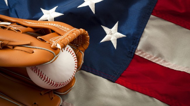 A baseball mitt on an American flag.
