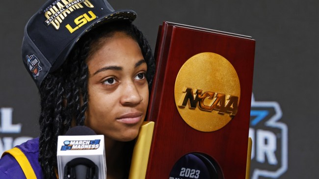 Alexis Morris speaks to the media after LSU wins the national championship.