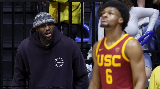 LeBron James yells to his son, Bronny, during a USC basketball game.