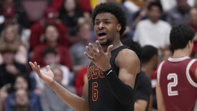 USC guard Bronny James reacts after being called for a foul vs. Stanford.