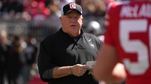 Chip Kelly on the field at the Ohio State spring game.