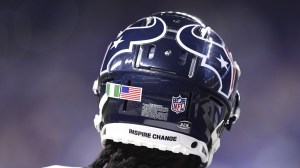 A Houston Texans logo on a player's helmet.