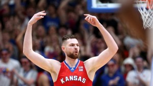 Hunter Dickinson reacts on the court during a Kansas basketball game.