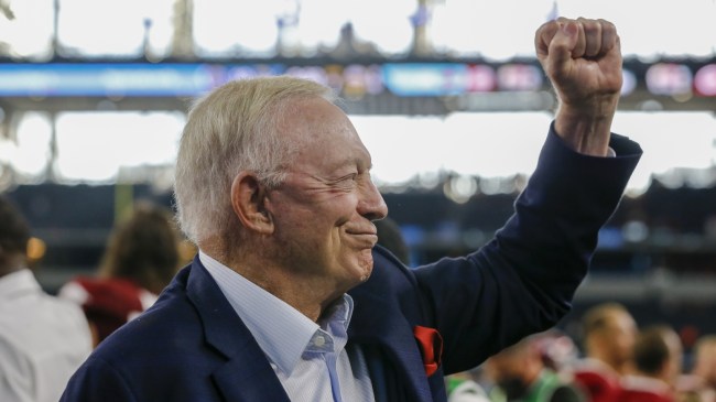 Jerry Jones celebrates an Arkansas football win in Dallas.