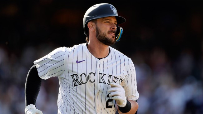Kris Bryant of the Colorado Rockies rounds bases after hitting two-run home run