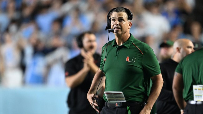 Mario Cristobal on the sidelines during a Miami football game.