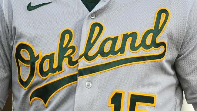 An Oakland A's logo across the front of a jersey.