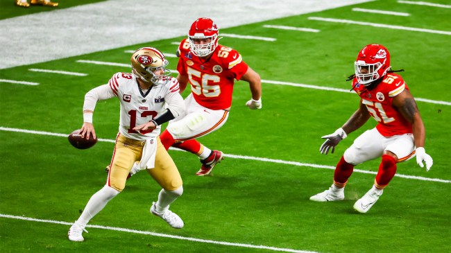 San Francisco 49ers Brock Purdy attempts to pass against Kansas City Chiefs