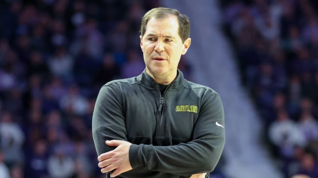 Scott Drew reacts on the sidelines during a Baylor basketball game.