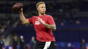 Spencer Rattler throws at the NFL Combine.