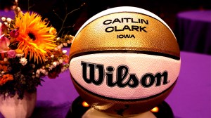 basketball with the name of Caitlin Clark engraved prior to the 2024 WNBA Draft