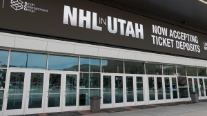 NHL in Utah sign outside Delta Center