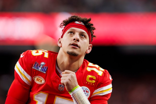 LAS VEGAS, NEVADA - FEBRUARY 11: Patrick Mahomes #15 of the Kansas City Chiefs looks on before Super Bowl LVIII against the San Francisco 49ers at Allegiant Stadium on February 11, 2024 in Las Vegas, Nevada. (Photo by Ryan Kang/Getty Images)