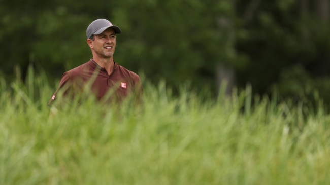 Adam Hadwin eyes a shot from the tee box at the PGA Championship.