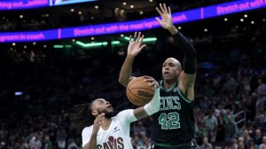 Al Horford defends a shot during the NBA Playoffs.