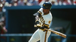 Pittsburgh Pirates outfielder Barry Bonds swings at a pitch.