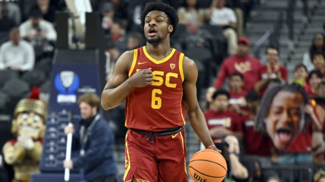 Bronny James dribbles the ball for the USC Trojans.