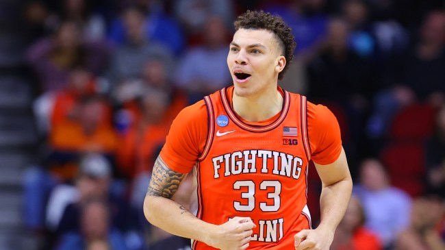 Illinois forward Coleman Hawkins reacts to a play during a game.