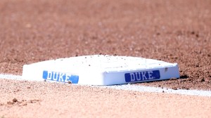 A Duke logo on the first base bag.