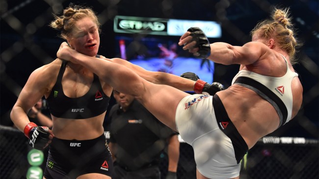 Holly Holm lands a kick to the neck to knock out Ronda Rousey