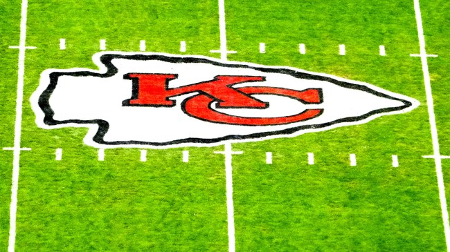 Kansas City Chiefs logo at midfield at Arrowhead Stadium