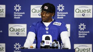 Malik Nabers speaks to the media at New York Giants rookie minicamp.