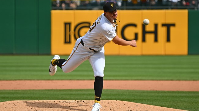 Paul Skenes throws a pitch for the Pirates in his MLB debut.