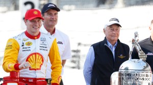 Josef Newgarden, Tim Cindric and Roger Penske after the 2023 Indy500