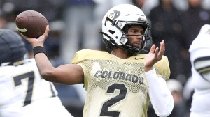 Quarterback Shedeur Sanders of the Colorado Buffaloes throws during spring game