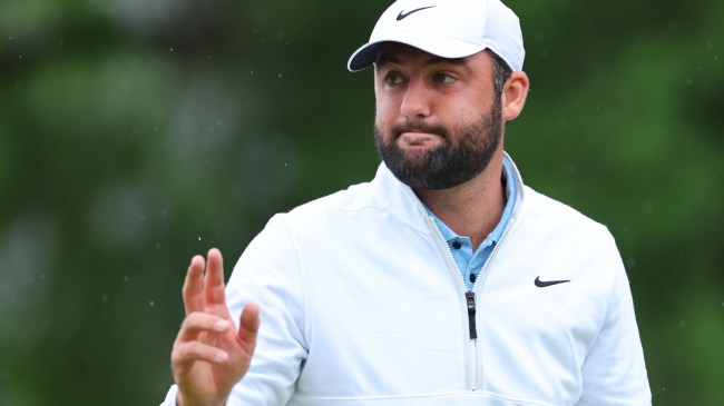 Scottie Scheffler reacts after making a putt at the PGA Championship.