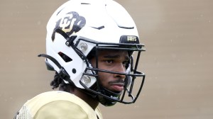 Colorado QB Shedeur Sanders warms up before the spring game.