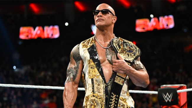 The Rock Dwayne Johnson stands in WWE ring