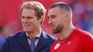 Greg Olsen and Travis Kelce on the field before the Super Bowl.