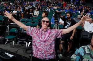 SPN announcer Bill Walton gets ready to do the color commentary before the Kansas Jayhawks play against the Chaminade Silverswords during the first round of the Allstate Maui Invitational on November 20, 2023, at the Stan Sheriff Center in Honolulu, Hawaii. (Photo by Brian Spurlock/Icon Sportswire via Getty Images)