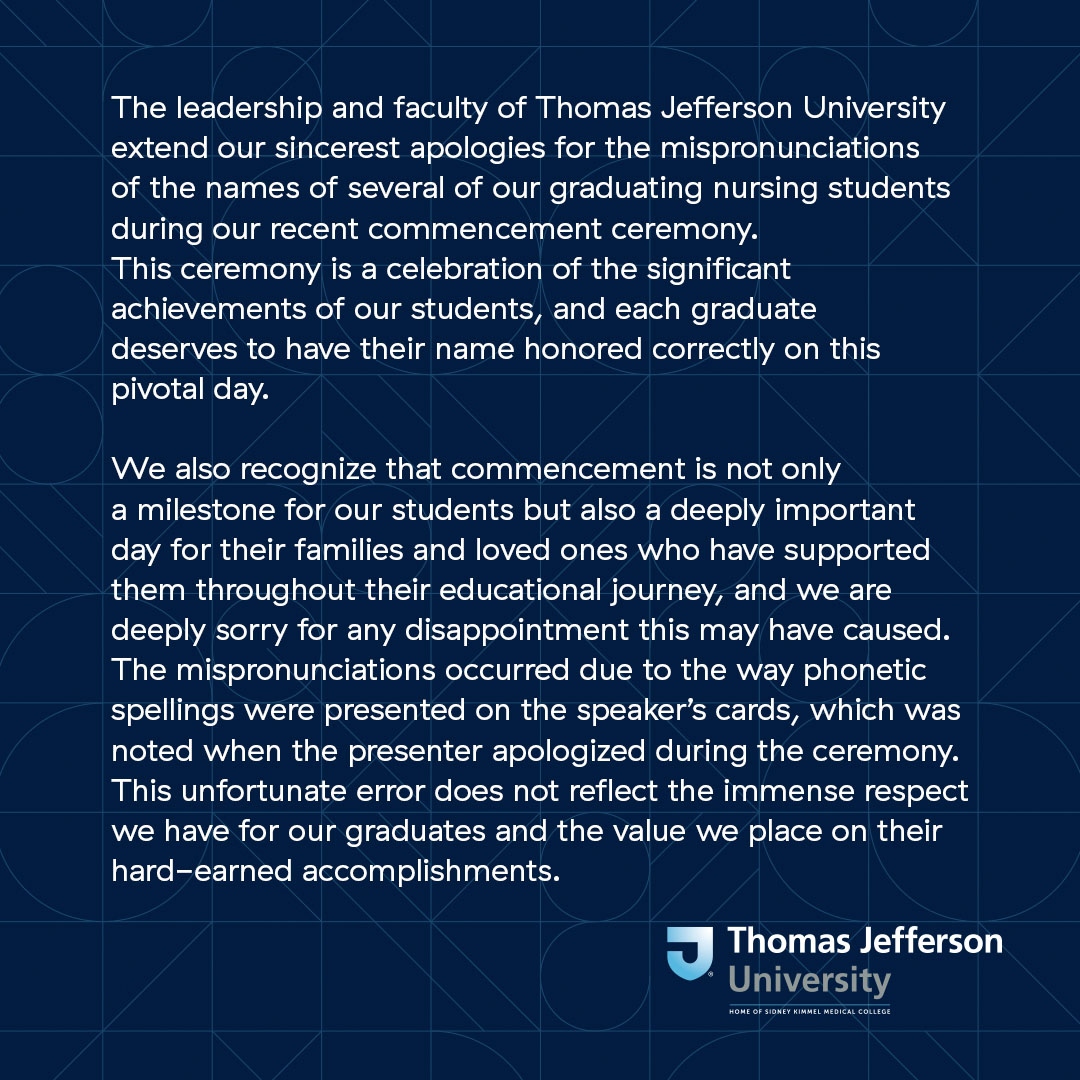 Thomas Jefferson University graduation names apology