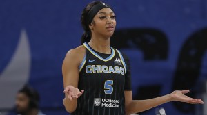 Angel Reese reacts to a call during a Chicago Sky game.