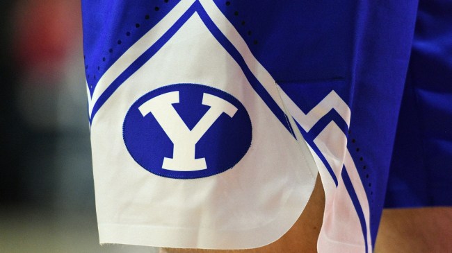 A BYU logo on a player's basketball shorts.