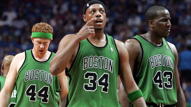Brian Scalabrine, Paul Pierce and Kendrick Perkins on the Celtics