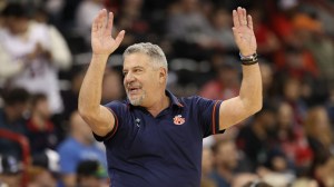 Auburn basketball coach Bruce Pearl reacts to a call.