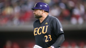 East Carolina baseball coach Cliff Godwin on the field during a game against NC State.