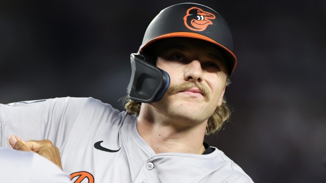 Baltimore's Gunnar Henderson reacts to being hit by a pitch against the Yankees.