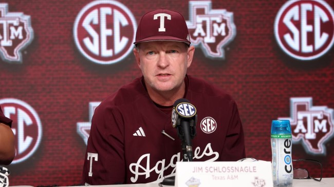 Texas A&M baseball coach Jim Schlossnagle speaks to the media.